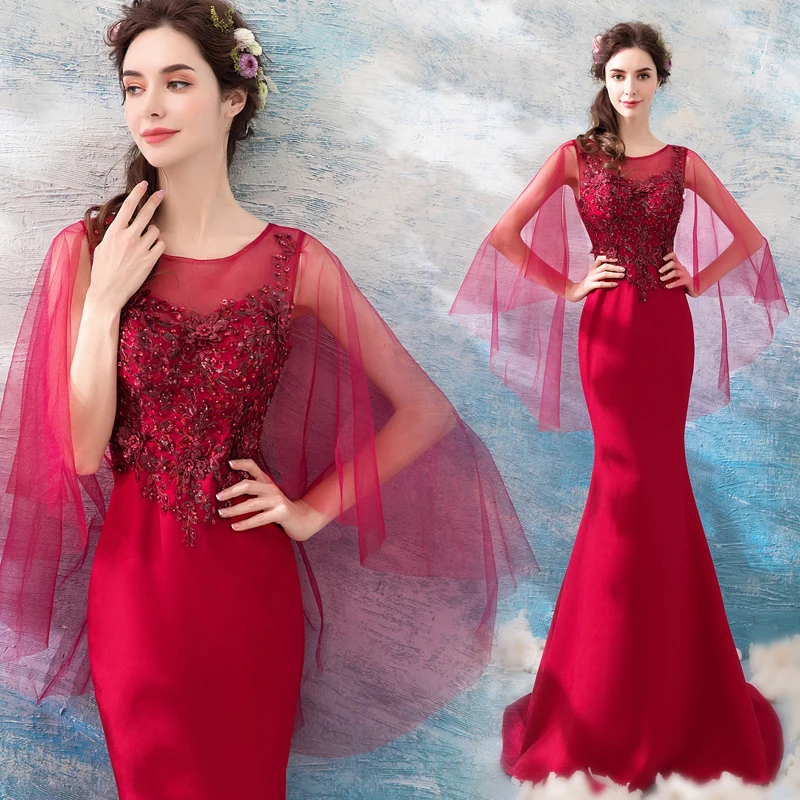 

It's YiiYa Mermaid Evening Dress O-neck Embroidery Crystal Beading Party Gown Trumpet Shawl Design Long Formal Prom dresses E158