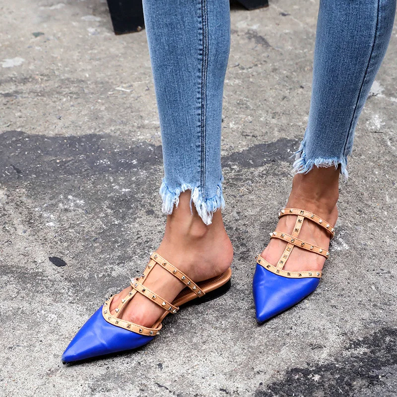 

EARTH STAR Shoes Women Fashion Brand Pointed-toe Sandals Rivets Lady chaussure Summer Female footware Girl Flats Black All-Match