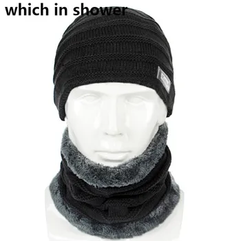 

men scarf hat set solid thickened warm fleece liner male winter hat scarf set knitted beanie neck warmer autumn hat cap