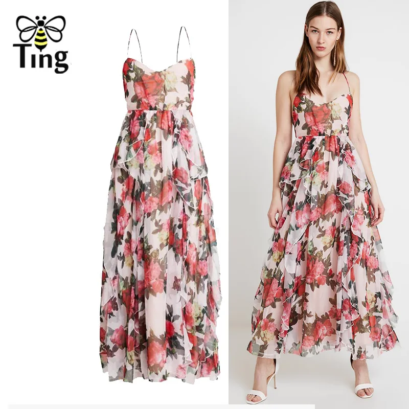 

Tingfly 2019 Summer Designer Runway Dress Sexy Slip Backless Boho Floral Long Dress Cascading Ruffles Party Dress Casual Vestido