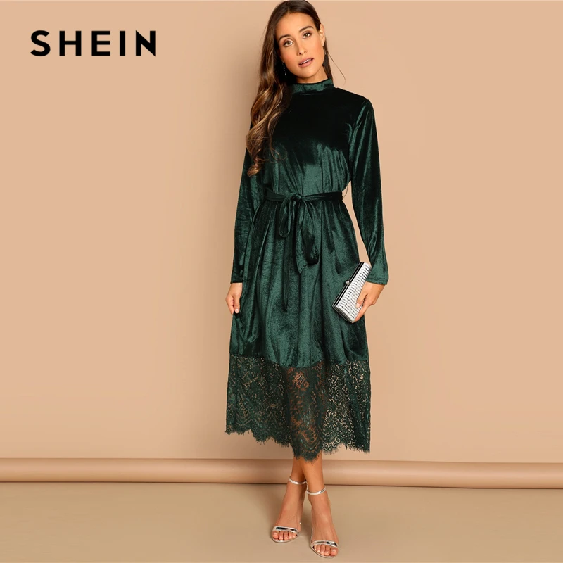 SHEIN Бархатное Платье С Поясом, Элегантное Платье С Длинными Рукавами И Кружевом, Осеннее Повседневное Платье