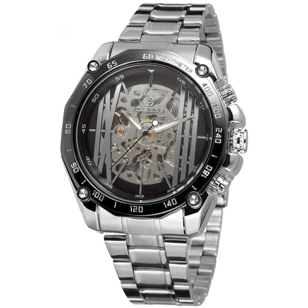 

Military Sport Design Transparent Skeleton Dial Silver Stainless Steel Band Mens Watches Automatic Mechanical Wrist Watches Gift