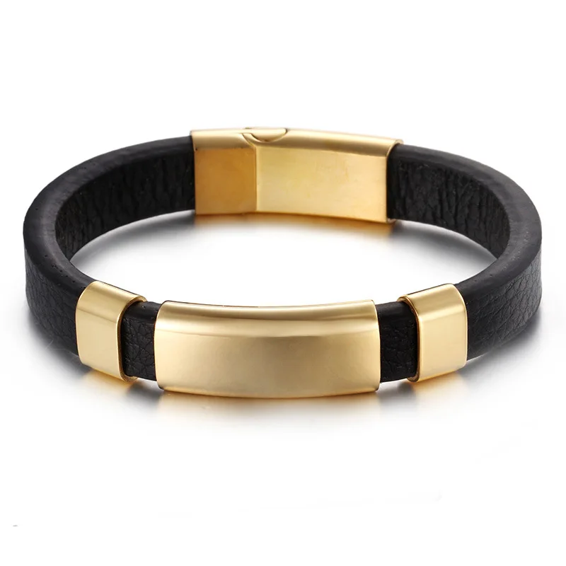 

New Fashion Jewelry Mens Black Genuine Leather Bracelet Stainless Steel Elements Bangles Jewelry Accessory