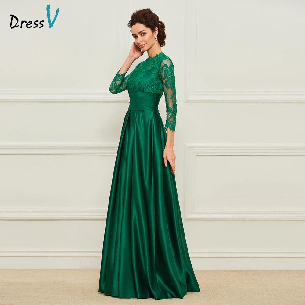 Robe Longue Pour La Mere De La Mariee Verte Col Haut Ligne A Longueur Au Sol A Manches 3 4 En Dentelle Robe Formelle De Fete Aliexpress