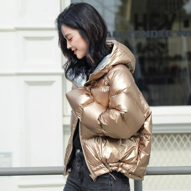 

Fashion Women Golden Down Jacket 2019 New Winter Warm Thicken Zipper Hat Hooded Short Duck Down Coats Female Outerwear Parkas