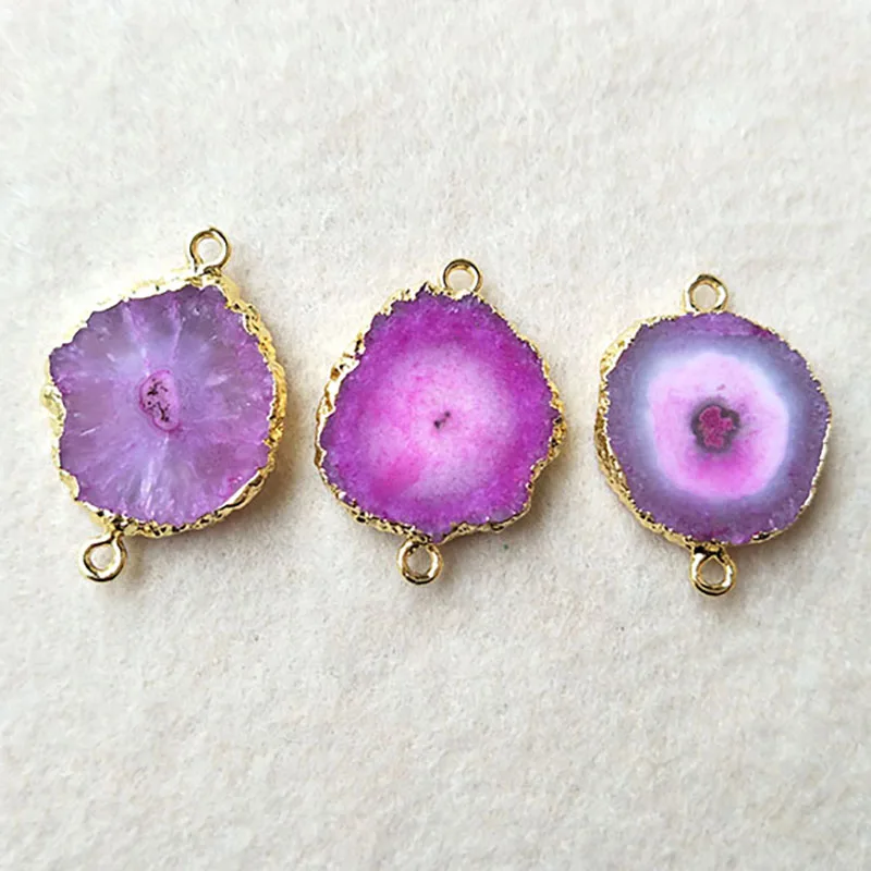 

5pcs Natural pink Agat e geode Connector Double Bail Sun Flower Solar Quartz Drusy For DIY Making Bracelet necklace Jewelry CT21