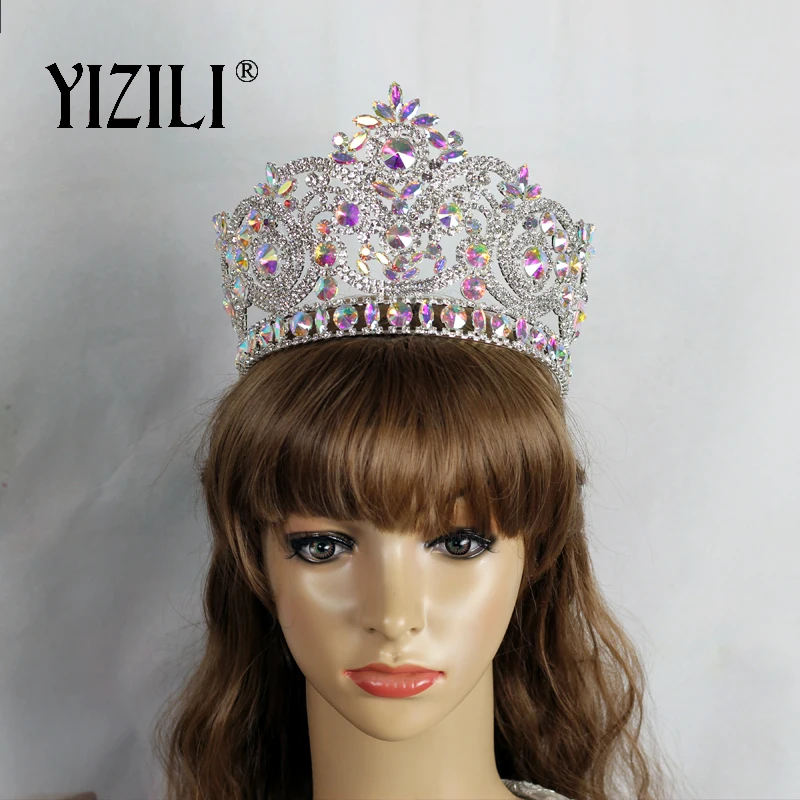 YIZILI New European Big Bride Wedding Crow AB Full Diamond Crystal Large Round Queen Crown Wedding Hair Accessories paty C060