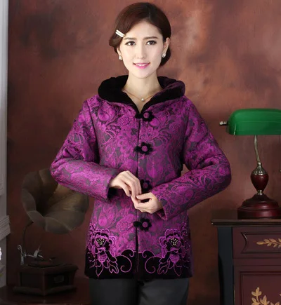 Бордовый новинка Китайская традиционная Для женщин зима вышивать цветок стеганая куртка пальто L XL XXL 3XL 4XL TF 021 - Цвет: purple
