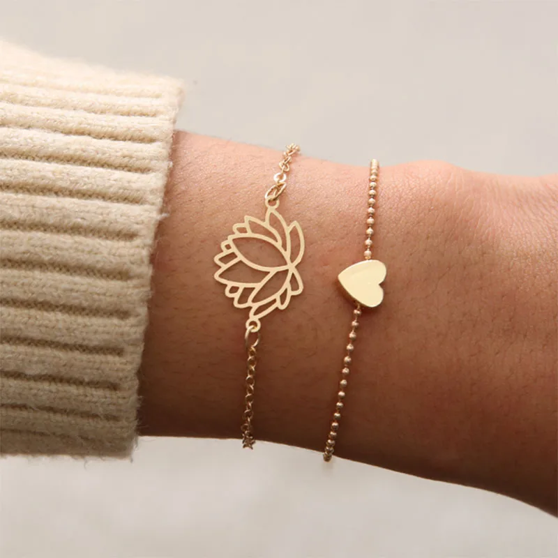 

Gold Color Heart Lotus Charm Bracelets Bangles For Women Fashion Metal Chain Bracelet Set Personality Party Gifts