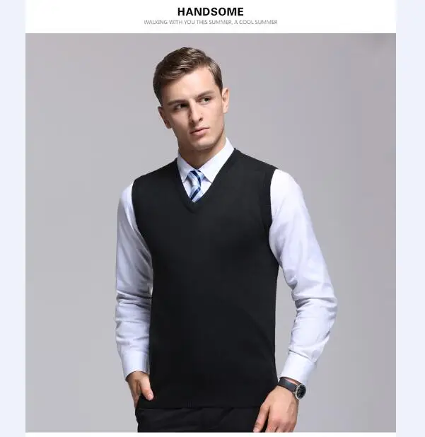 Высокое качество мужской кашемировый свитер жилет осень и зима без рукавов свитер мужской офис сплошной цвет v-образный вырез шерстяной
