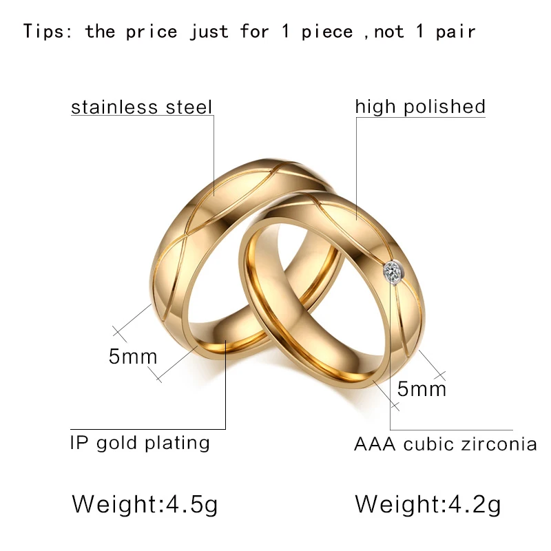 Vnox Hot Wedding Bands Rings For Women Men Gold-Color Stainless Steel Engagement Ring Jewelry 2
