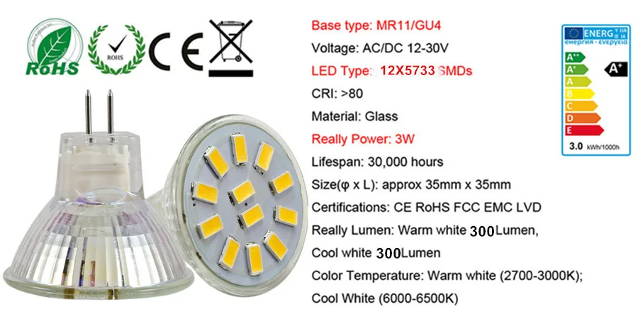 10PCS Set 4W LED Lamp Energy Saving AC/DC 12-30V MR11 GU4 5733 SMD Led Spotlight Spot Light Bulb Cool/Warm White