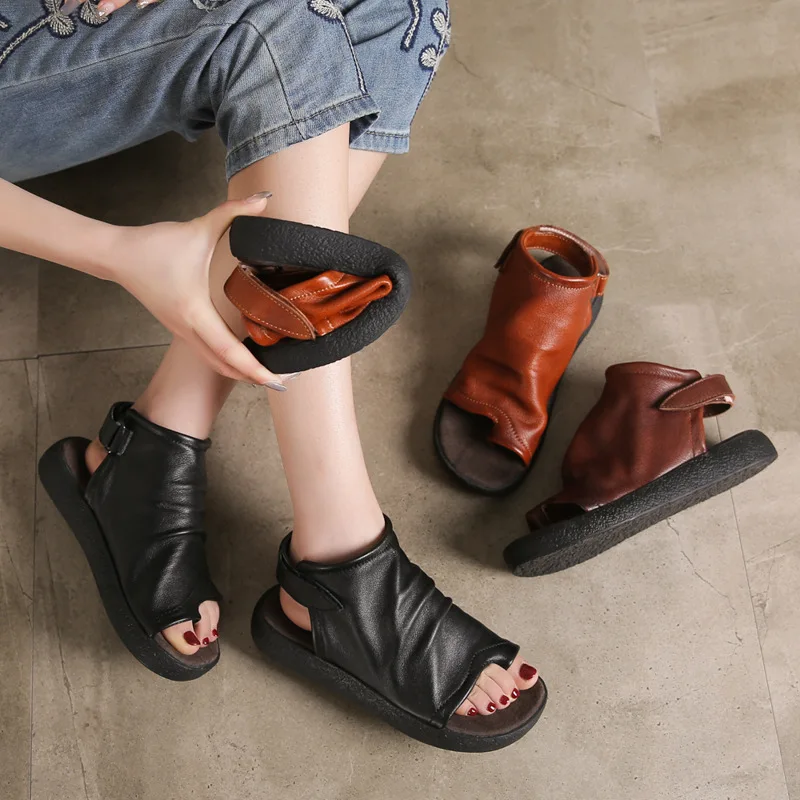 

Women Leather Sandals 3 Cm Low Heels Flip Flops Gladiator Sandals Retro 2019 Handmade Genuine Leather Casual Shoes Women Summer