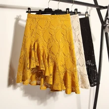 Женская Однотонная юбка с дырками труба/Русалка длиной до колена с завышенной талией Новая Осенняя короткая женская юбка Милая Кружевная Асимметричная