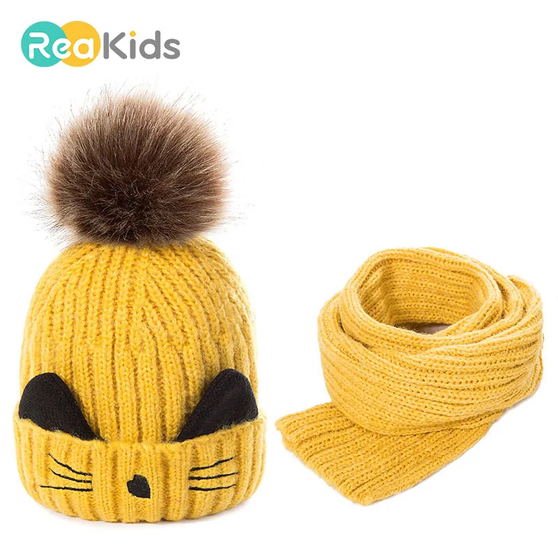 REAKIDS Новые вязаные шерстяные шапочки детская зимняя шапка с шарфом теплая шапка для младенца шарф девочки мальчики шапочка с рисунком зимняя детская шапка