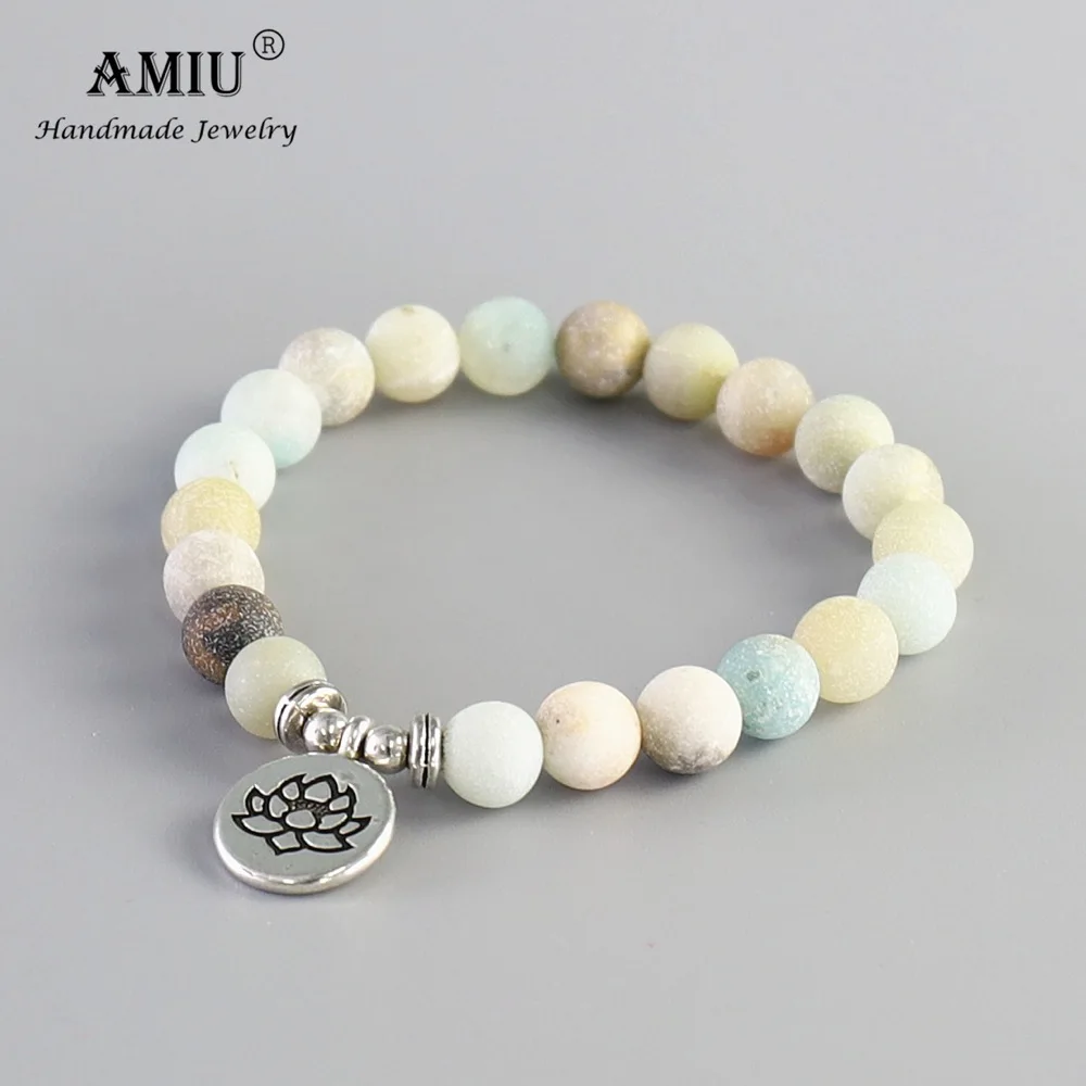 

AMIU 8mm Frosted Natural Amazonite Beads With Lotus OM Buddha Charm Yoga Handmade Bracelet for Man And Women Bracelet