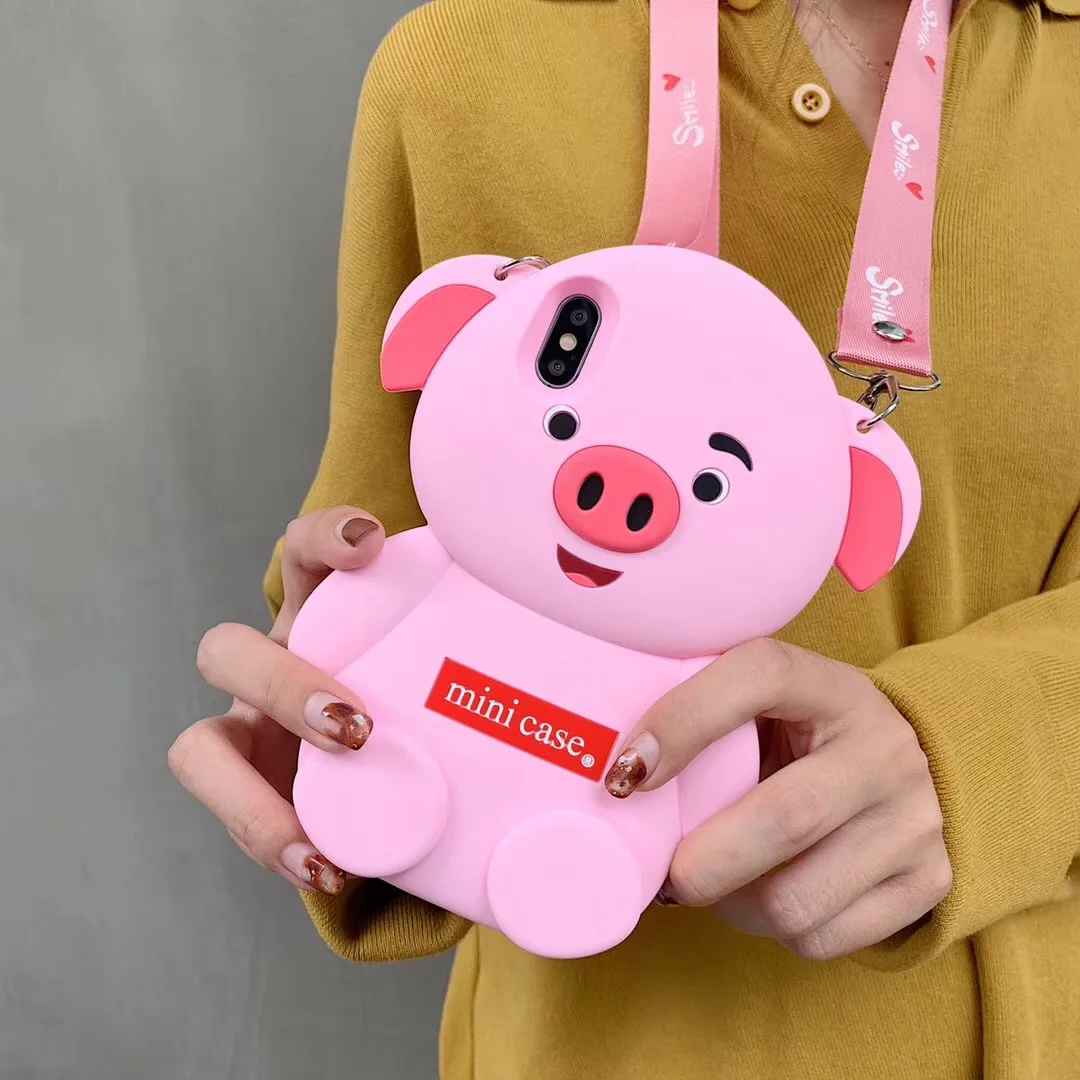 

For iphone xsmax 3D pig shockproof case For iPhone XR silicon case for iphone XS 8plus 7 6 6S plus 8 soft phone case +long strap