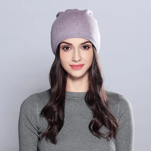 Зимние шерстяные женские осенние модные брендовые новые теплые двухслойные меховая женская шапка со стразами шапки# MZ706 - Цвет: Фиолетовый