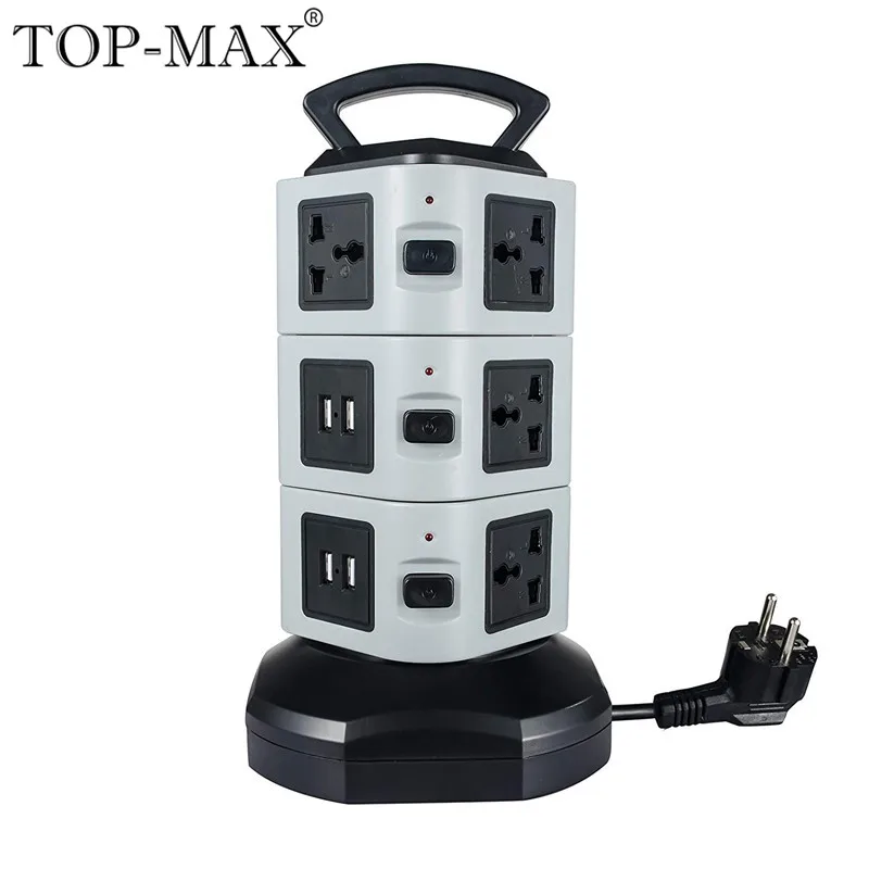 

TOP-MAX 3 Layer Vertical Tower 4 USB Port EU Plug 2M Extension Socket Power Strip Socket With Overload Protection