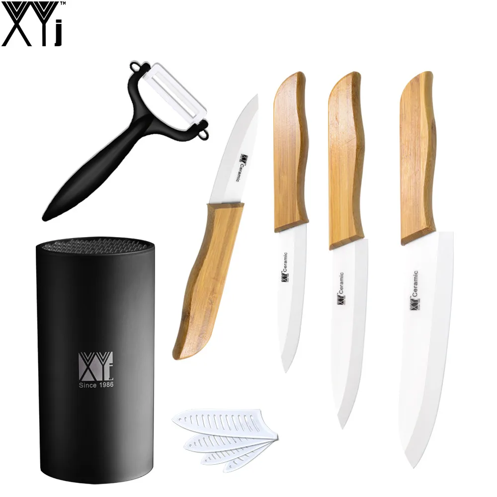 Zirconia Ceramic Knife Set 3" 4" 5" 6" White Blade Bamboo Handle Kitchen Knives Kit With Black