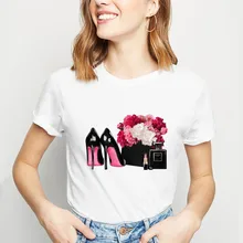 Футболка в винтажном стиле; модная футболка на высоком каблуке с принтом парфюма; футболки для девочек; топы в Корейском стиле; Camiseta Mujer