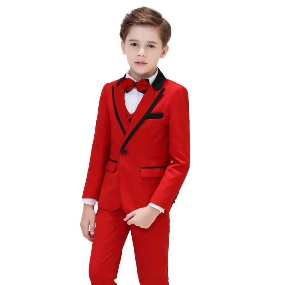 5 Piece Boys High Grade Red Suits Slim Fit Ring Bearer Suit For Boys Formal Classic Costume