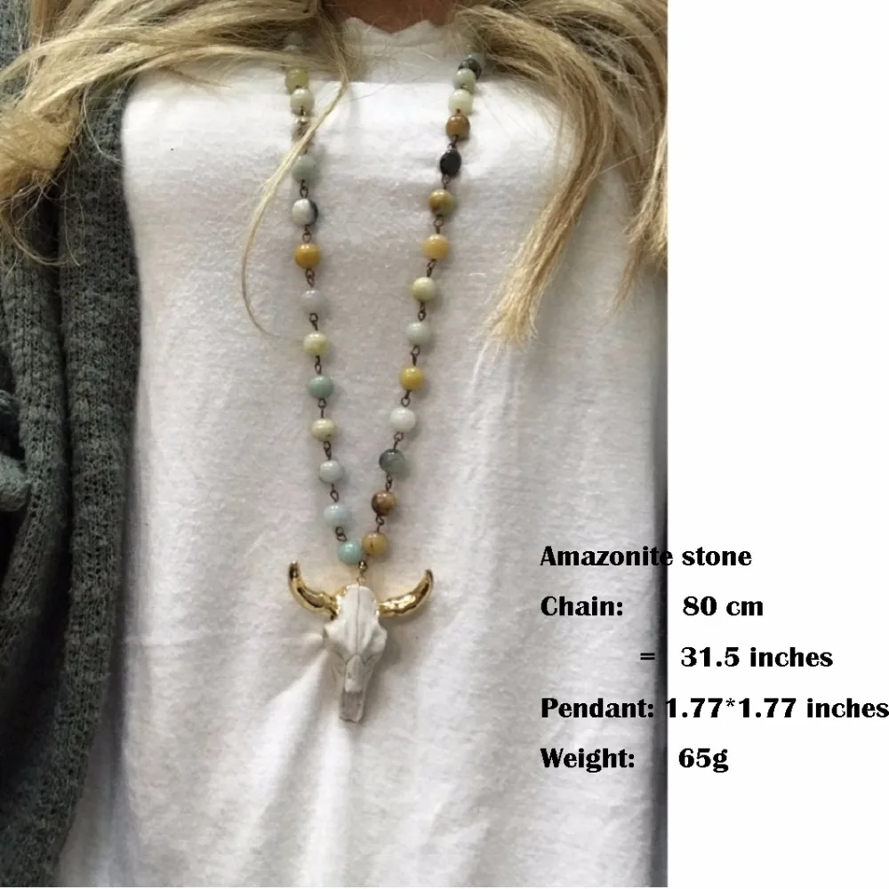 Natuarl Stones Beaded Long Chain Pendant Statement Necklaces