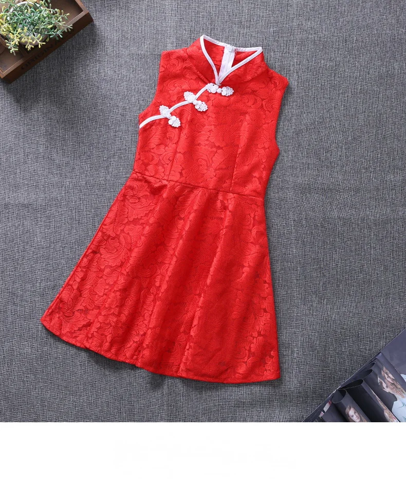 Новое летнее кружевное платье Чонсам для девочек детское платье в китайском стиле в стиле ретро улучшенное детское платье без рукавов белого и красного цвета