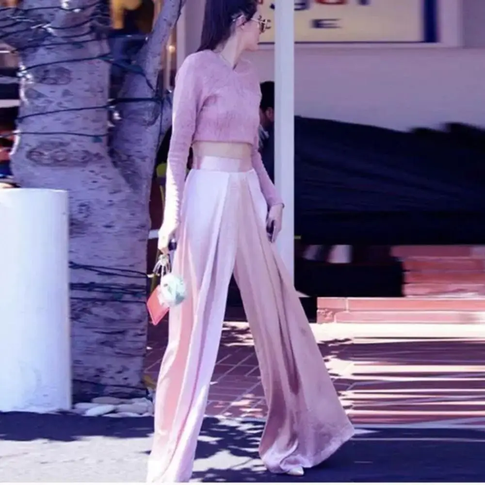 

Solid High Waist Kendall Wide Leg Pants Women High Street Casual Satin Loose Pants Ladies Streetwear Pink Pants cwp0071-5