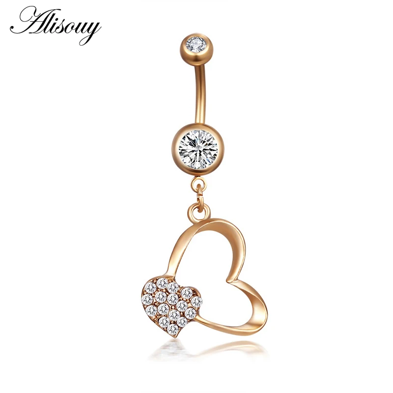 Love Heart Belly Button Rings Bar Gold Color Surgical Steel Navel Piercing Sexy Body Jewelry for Women CZ Navel Piercing rings