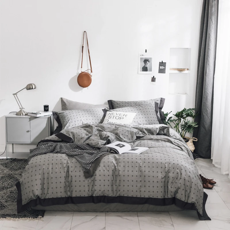 Luxury Black White Grey Plaid Duvet Cover Flat Bed Sheets