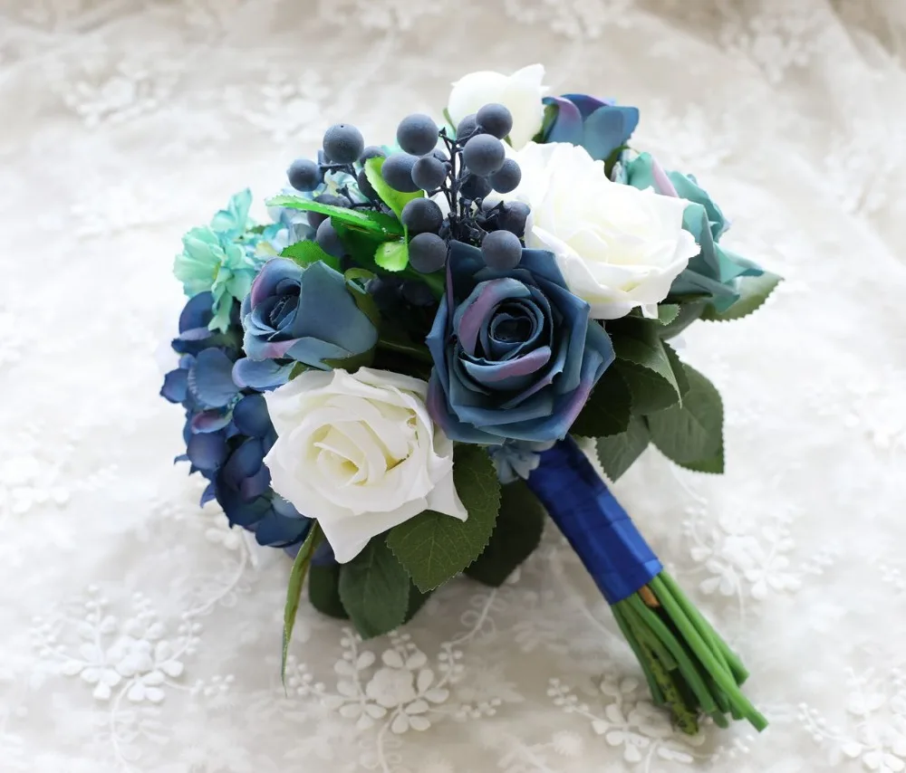 Синий свадебный букет ручной работы искусственный цветок «Роза» buque casamento Свадебный букет цветок