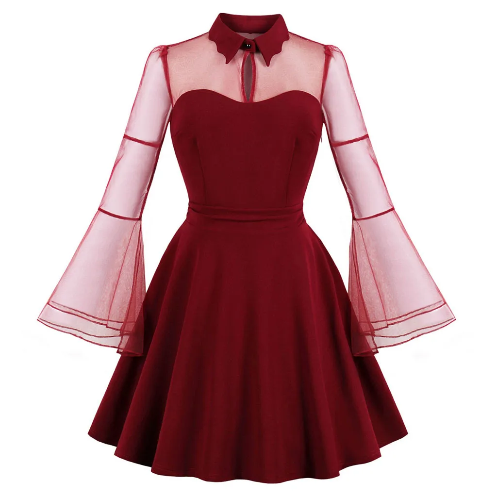 Женское кружевное платье с длинным рукавом в стиле панк, винтажные вечерние платья в готическом стиле, женские сексуальные платья до колен - Цвет: Красный