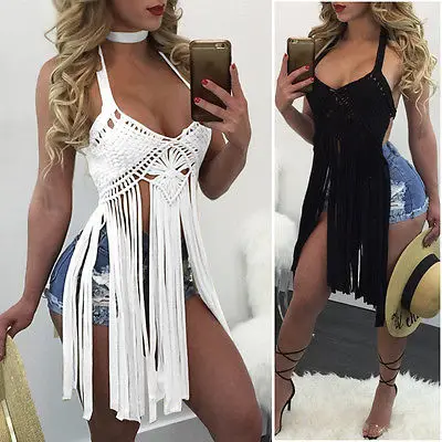 

Women V neck Tassel Crochet Knit Beach Crop Tops Bikini Cover-Ups Summer Beach Monokini Vest Tank Swimwear Bathing suit Black