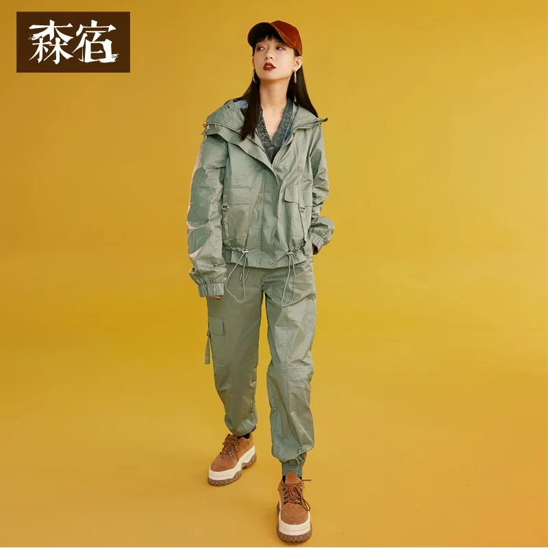 

Women 2019 Spring Stylish Women Zipper Suits Hooded Drawstring Casual Female Set Solid Short Jackets with Pants
