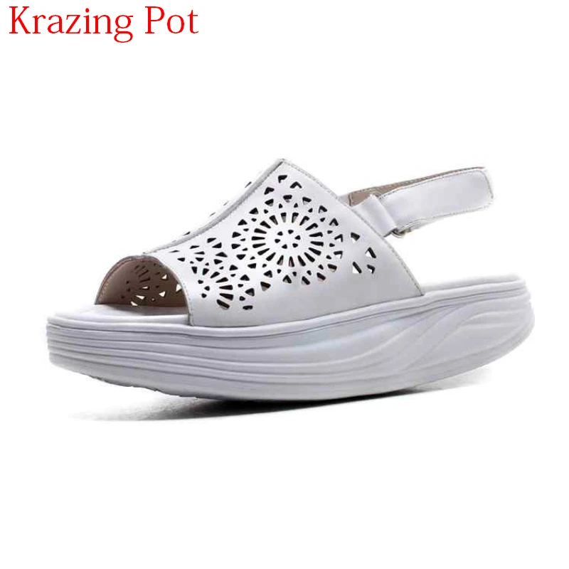 

2018 Slingback Genuine Leather Hook&loop Wedges Solid Platform Thick Bottom Wedding Party Women Peep Toe Vacation Sandals L11