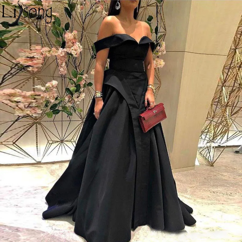 

2018 A-Line Prom Dresses with Off Shoulder V Neck Sleeveless Floor Length Simple Elegant Party Evening Dress Robe de soiree