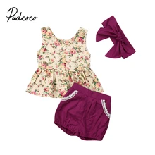 Комплект одежды из 3 предметов для маленьких детей, комплект одежды, кружевной комплект с пуговицами, платье для маленьких девочек+ шорты+ повязка на голову, летний комплект одежды