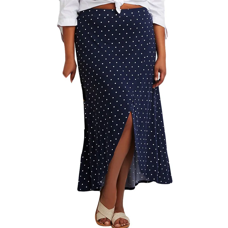 New Fashion 2018 Summer style skirts womens casual High Waist Plus Size Dot Waist Slit Long Skirt Sexy Uniform Femme Saia Y04#N (2)