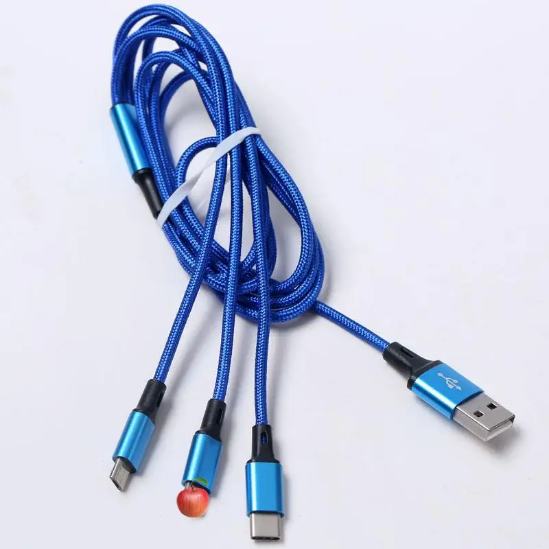 Все в одном зарядный кабель для Iphone три в одном Micro Usb type C мобильный телефон тканый Кабо Micro Usb - Цвет: Синий