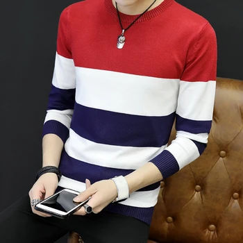 

new 2020 age season men round collar thin striped sweater sweater trend