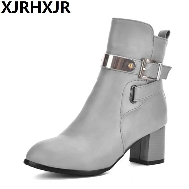 

XJRHXJR Size 31-43 Fashion Winter Shoes Women Thick High Heel Ankle Winter Boots For Women Metal Zip Short Plush Warm Botas
