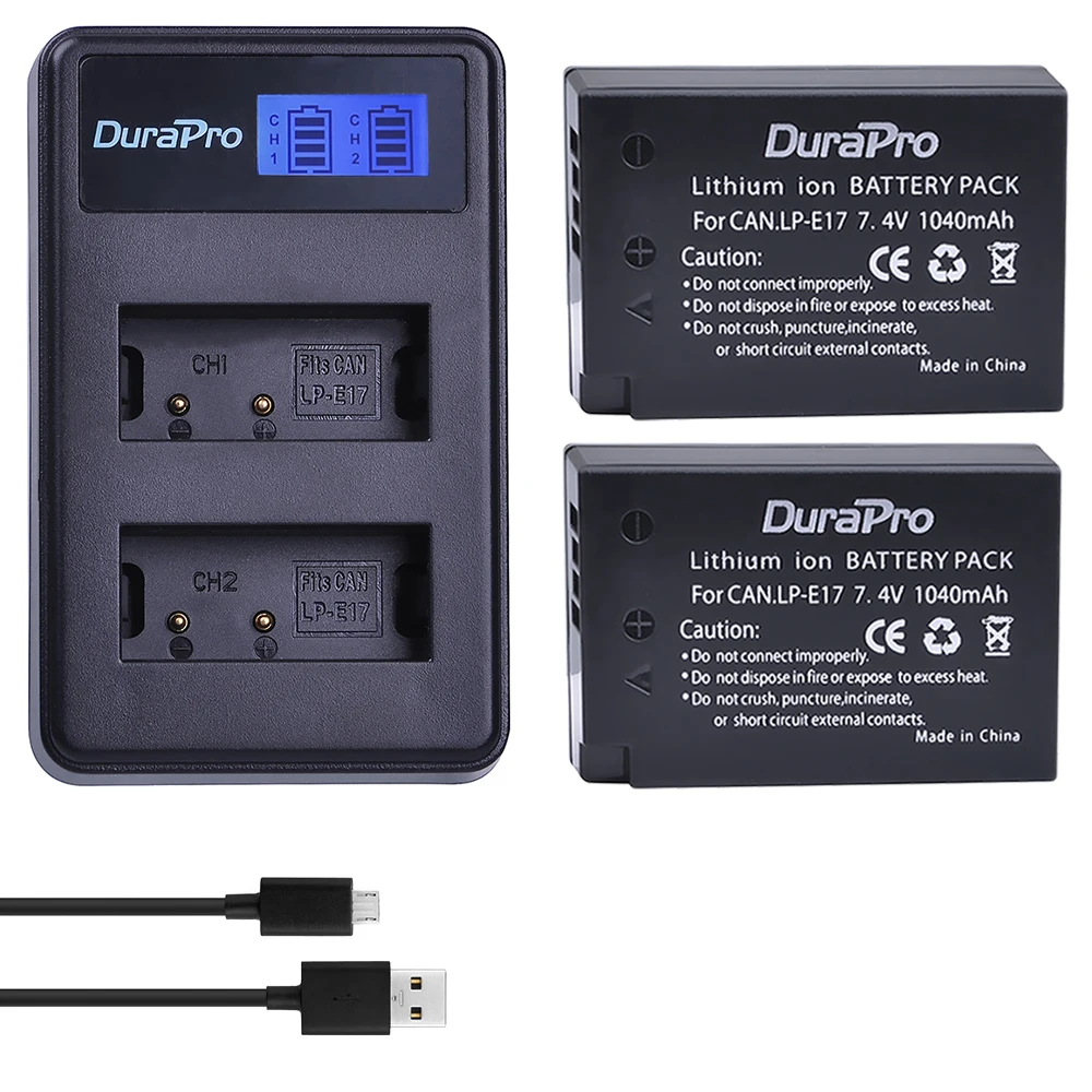2 x DuraPro 1040 мАч LP-E17 LPE17 LP E17 Батарея + ЖК-дисплей USB двойной Зарядное устройство для canon EOS Rebel T6i 750D T6s 760D M3 8000D поцелуй X8i