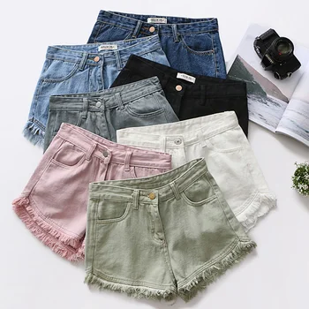

Korean Fashion Women Blue Denim Shorts Summer Frayed High Waist Denim Shorts Casual Pocket Button Distressed Fringe Jeans Shorts