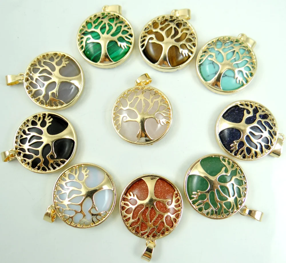Natural Stone Quartz Crystal tiger eye Turquoises Tree of Life Round Shaped pendant for diy jewelry making necklace10pcs | Украшения и