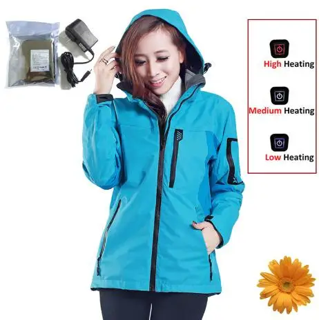 Женские куртки 7,4 V с электрическим подогревом, зимняя куртка для катания на лыжах, пеших прогулок, водонепроницаемая ветрозащитная куртка для рыбалки, туризма, горного спорта - Цвет: Sky blue