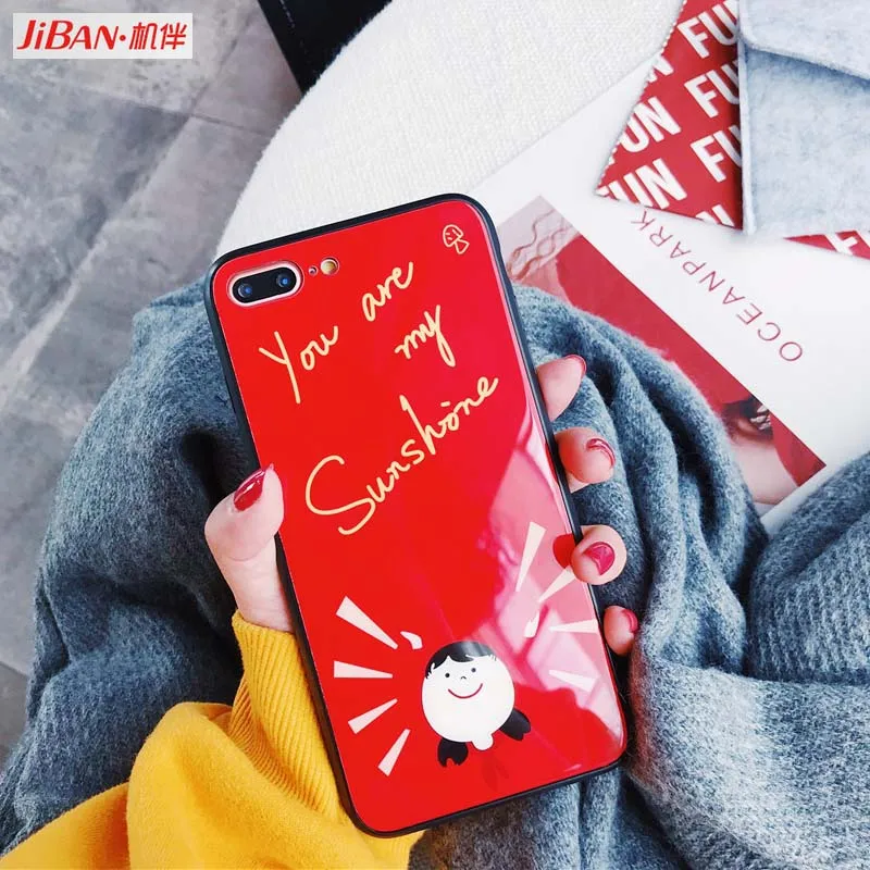 JIBAN Cartoon Cute Girl Phone Case for iPhone X 8 7 7plus 6s 6plus Glowing Little Red Riding Hood Glass Protector Cover |