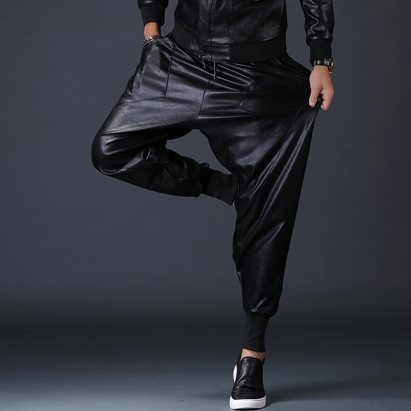 joggers sweatpants New Fashion Men Punk Moto PU Faux Leather Joggers Casual Harem Pants Drop Crotch Street Dance DJ Rock Night Club Trouser M-2XL genie pants