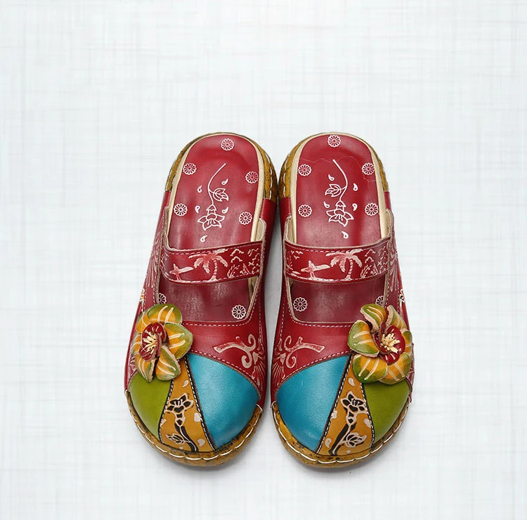 Летние босоножки; обувь из натуральной кожи; женские босоножки на платформе и толстом каблуке; женские шлепанцы; сандалии на плоской подошве в этническом стиле; вьетнамки