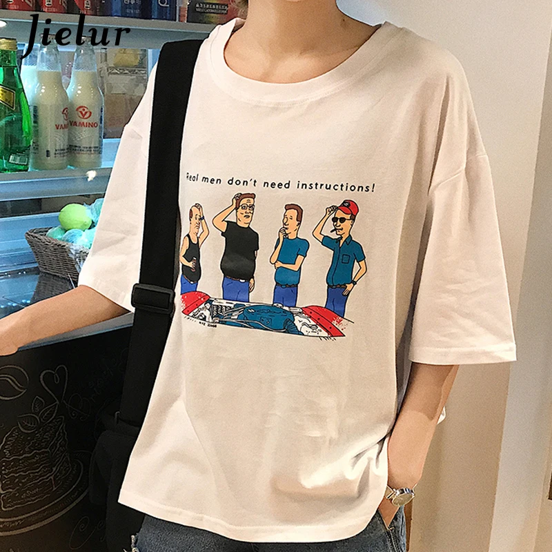 

Jielur Female T-shirts New Harajuku Cute Cartoon Printed Chic Hipster Tops Women High Street Novelty White Blue Roupas Feminina